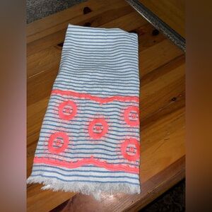 J. Crew Blue and White Striped Scarf with Neon Pink Embroidered Flowers